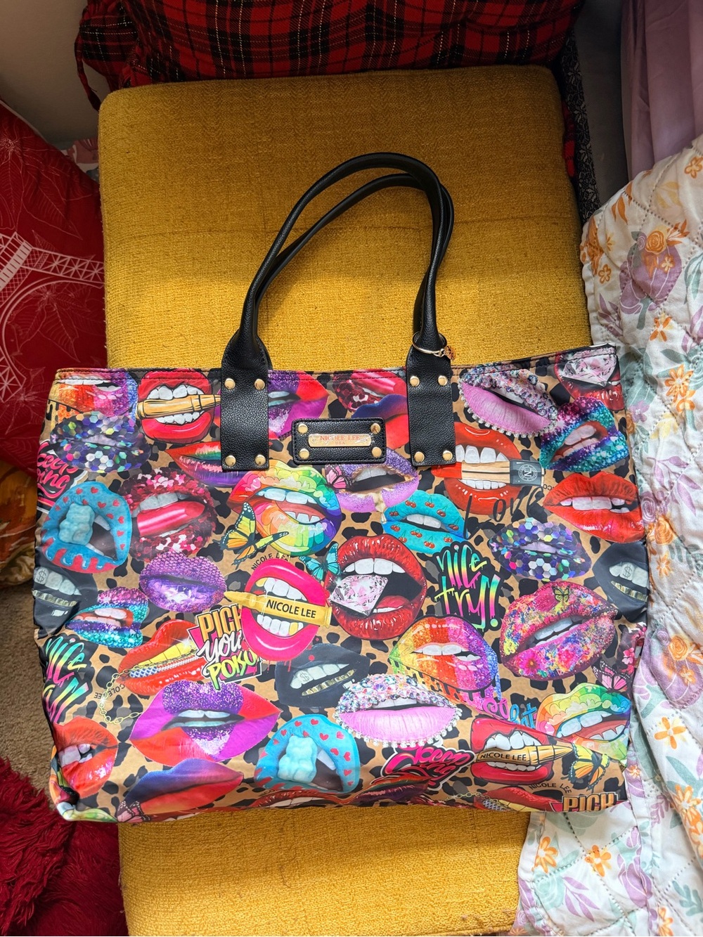 Nicole Lee Multicolor Lip Print Tote with Black Handles